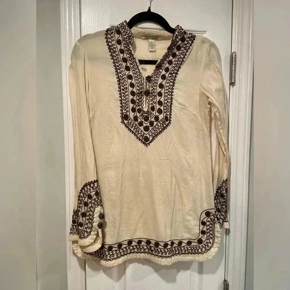 Lucky Brand Cream Brown Embroidered Long Sleeve Pullover Hippie 70s Top Size XS - Picture 1 of 9